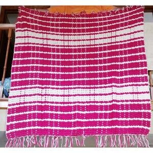 Handmade Crochet Throw Blanket Red White Lap Approx 56" x 52" VGC Fringe Sparkle